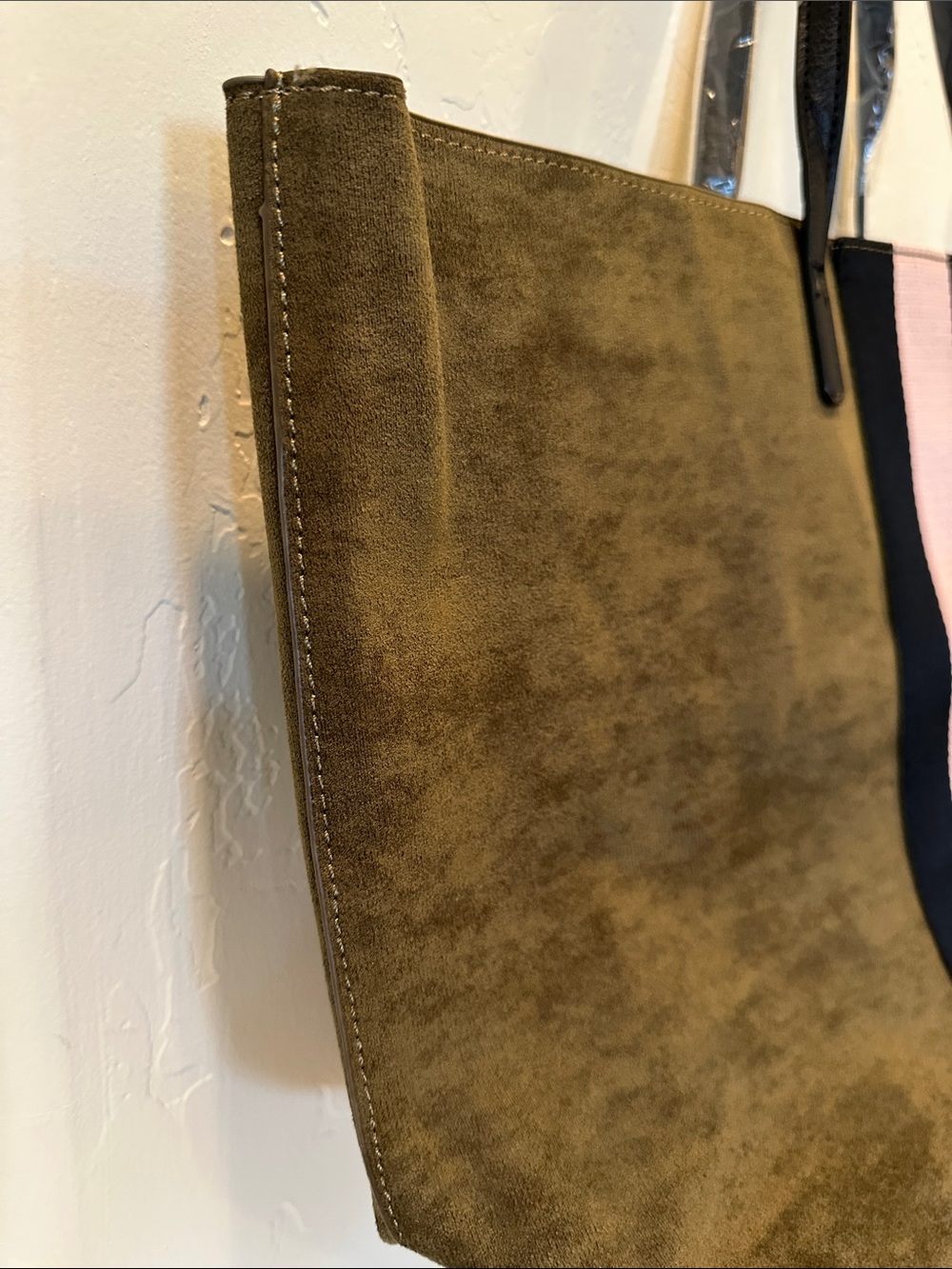 Olive Suede Tote with Black and Pink Center Stripe - Picture 3 of 12